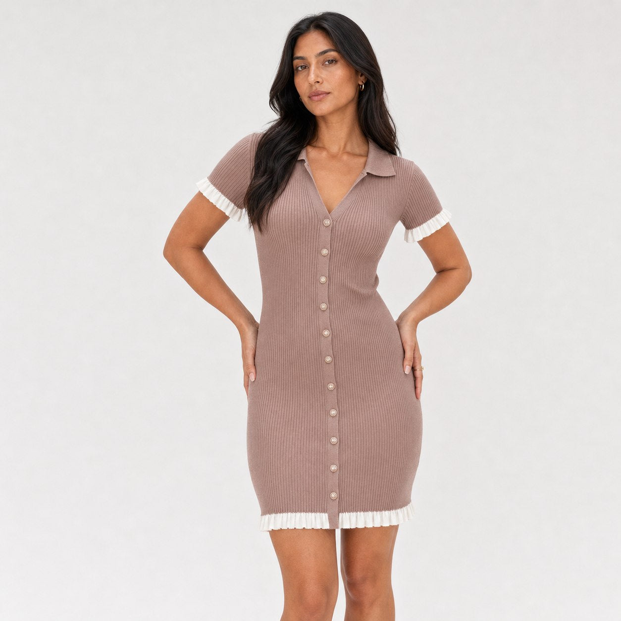 Women's ribbed button-front mini dress in taupe rose, alternate front view