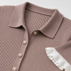 Taupe rose ribbed knit dress collar, buttons and ruffle detail