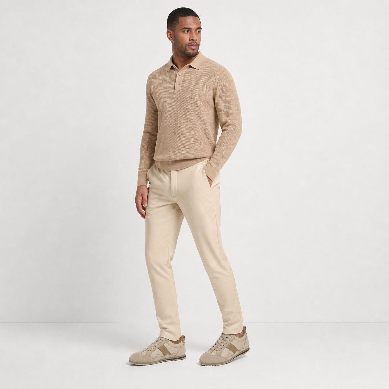 Light Brown men's retro panel trainers styled on model