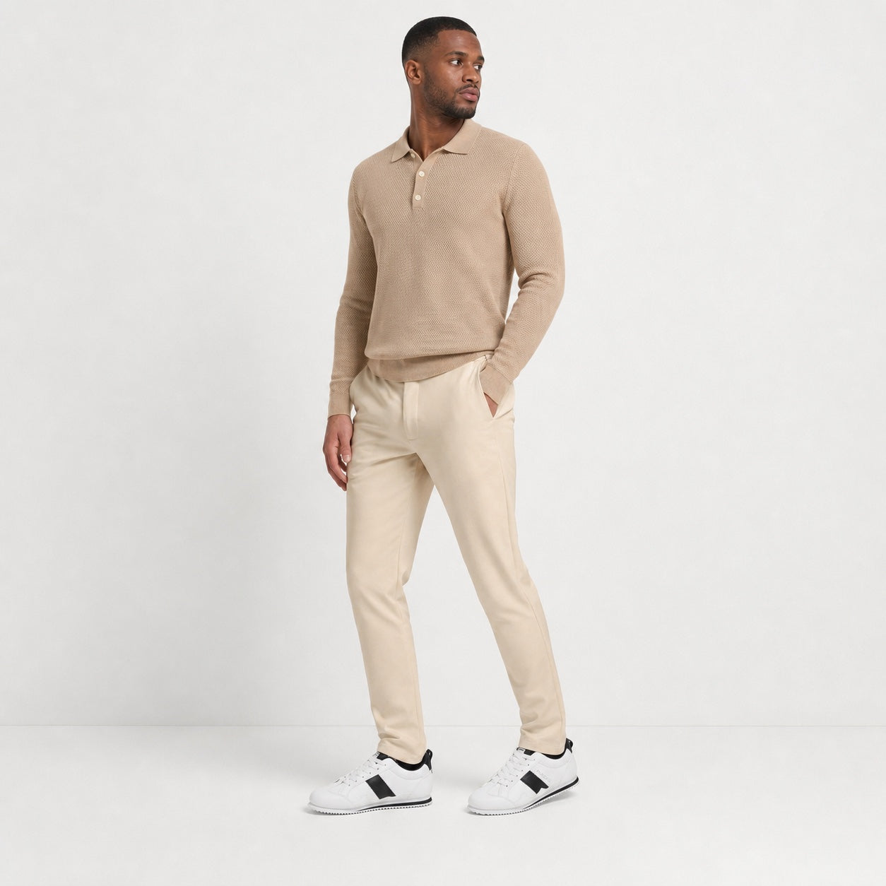 White men's retro panel trainers styled on model