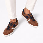 Brown men's textured panel trainers detail view