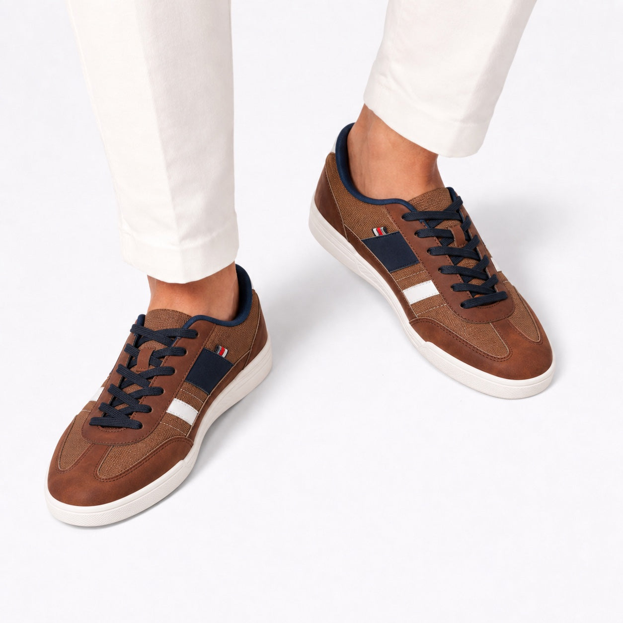 Brown men's textured panel trainers detail view