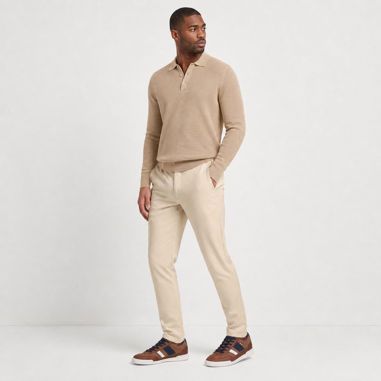 Brown men's textured panel trainers styled on model