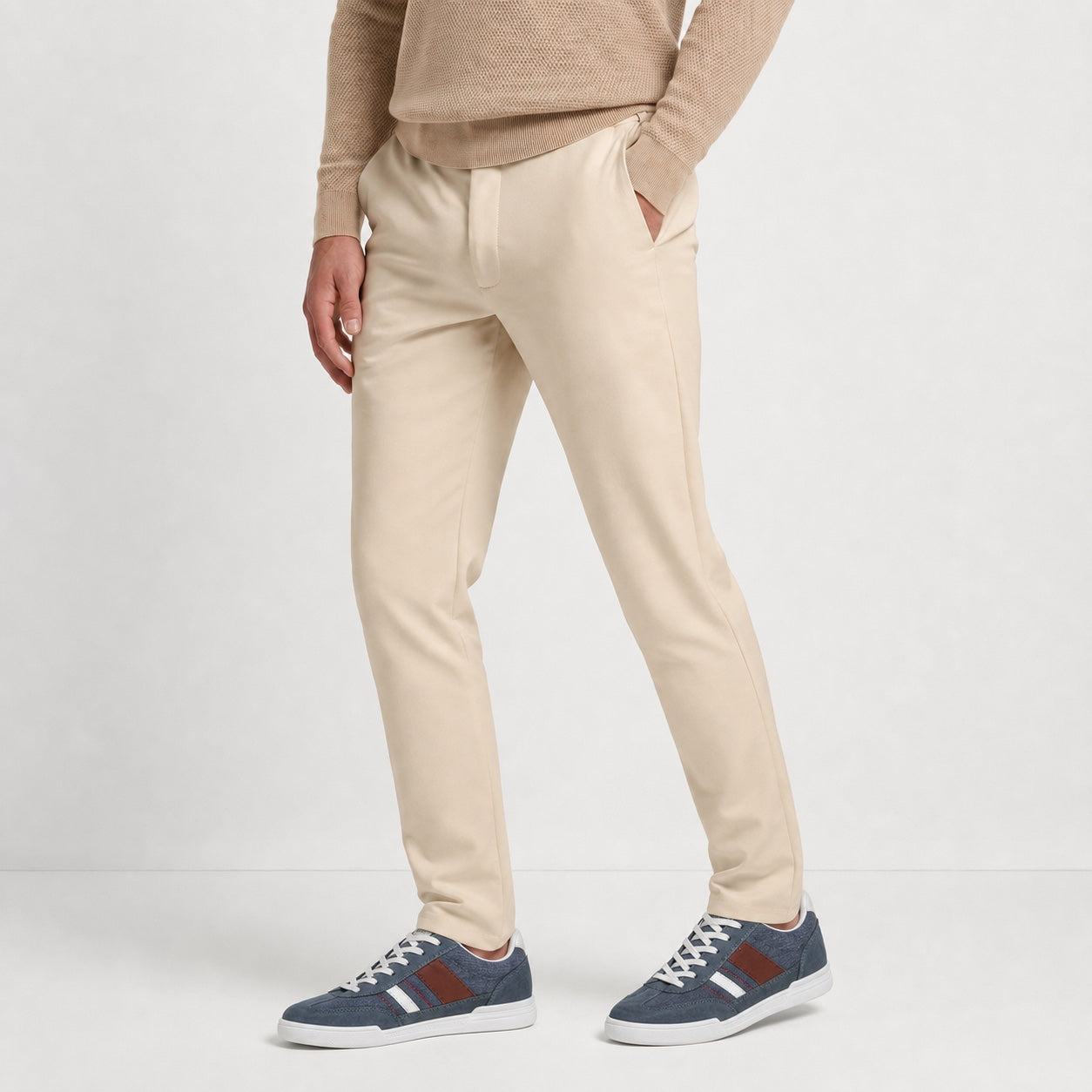 Light Blue men's textured panel trainers styled on model