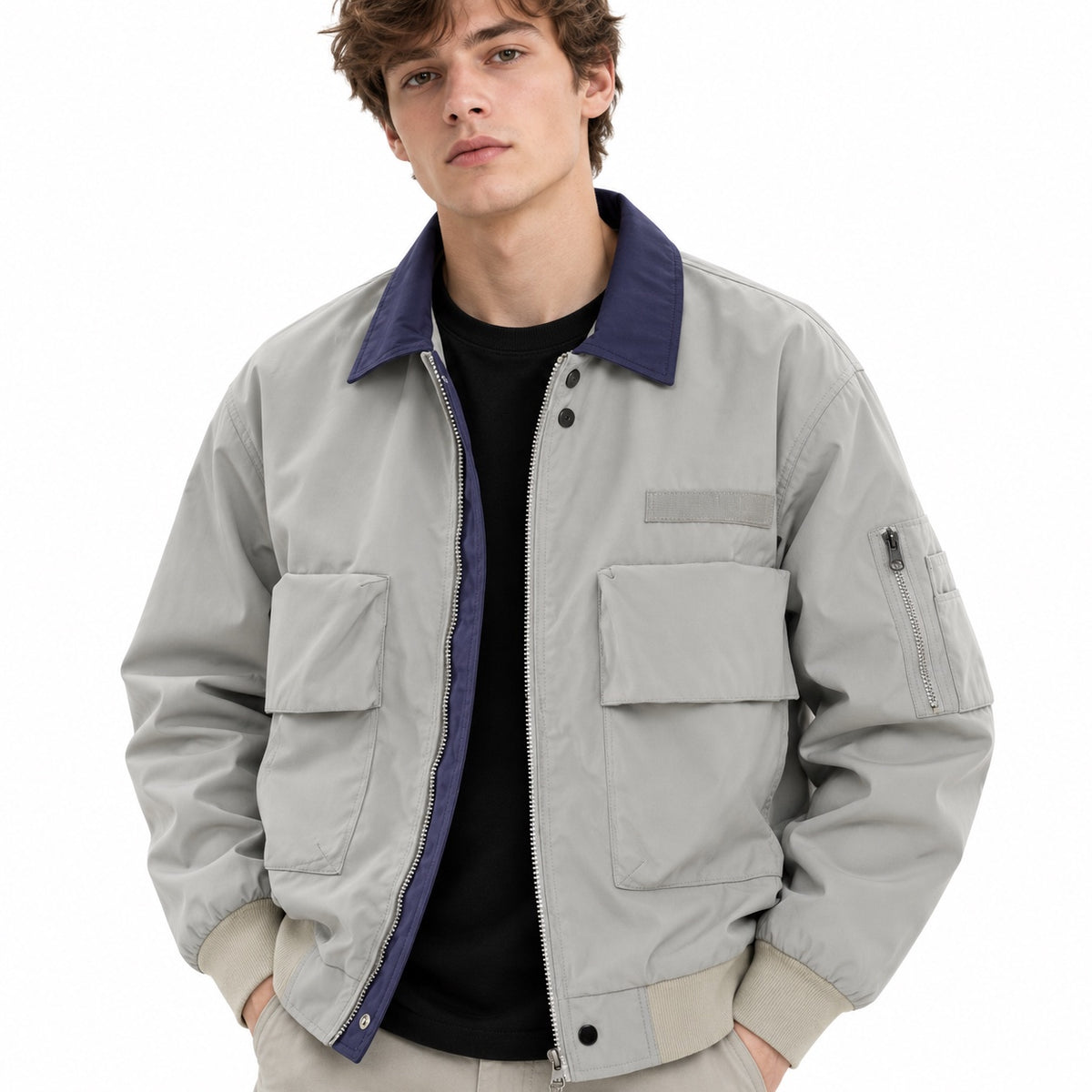 Men's utility bomber jacket in Silver Grey Green - detail view