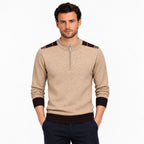 Men's fine-knit quarter-zip jumper in Camel - front view