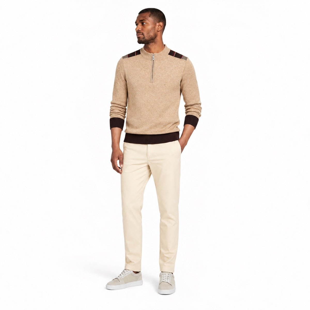 Men's fine-knit quarter-zip jumper in Camel - full-body view