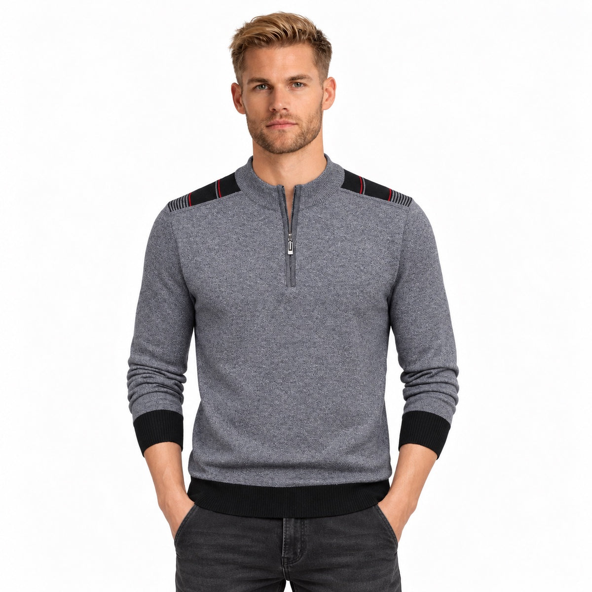 Men's fine-knit quarter-zip jumper in Grey - front view