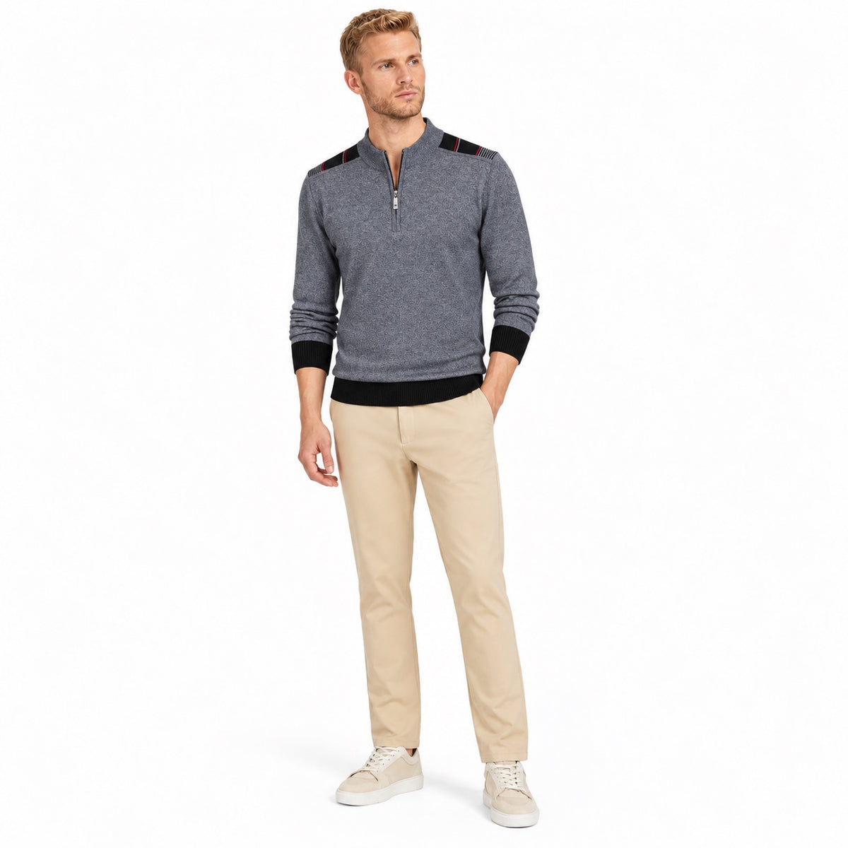Men's fine-knit quarter-zip jumper in Grey - full-body view