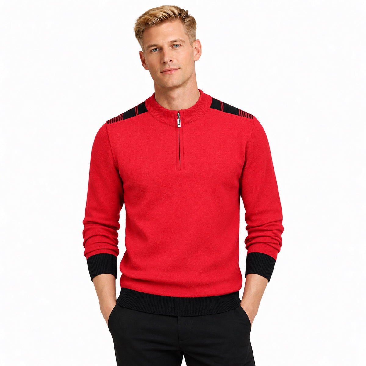Men's fine-knit quarter-zip jumper in Red - front view