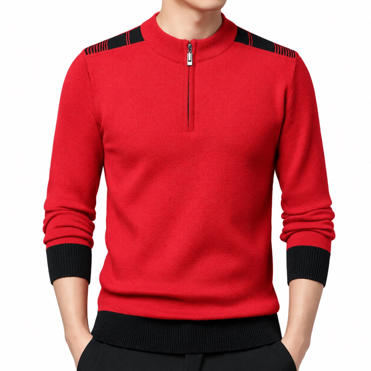 Men's fine-knit quarter-zip jumper in Red - detail view