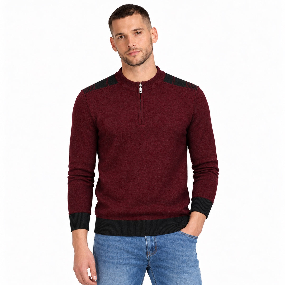 Men's fine-knit quarter-zip jumper in Wine Red - front view