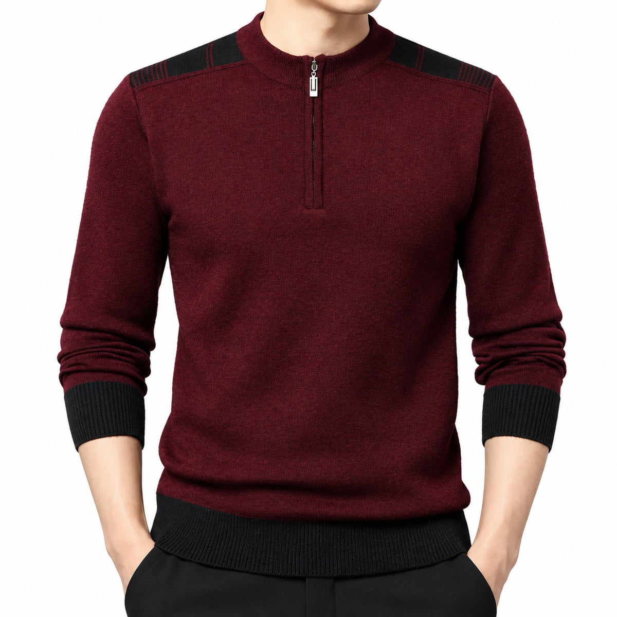Men's fine-knit quarter-zip jumper in Wine Red - detail view