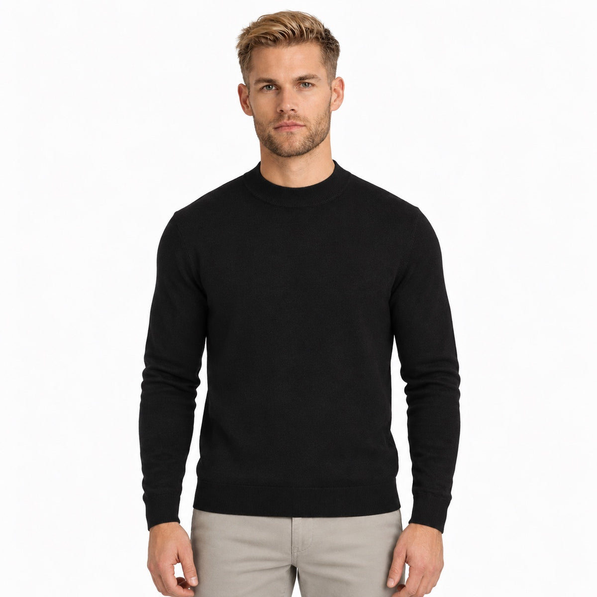 Men's fine-knit mock-neck jumper in Black - front view