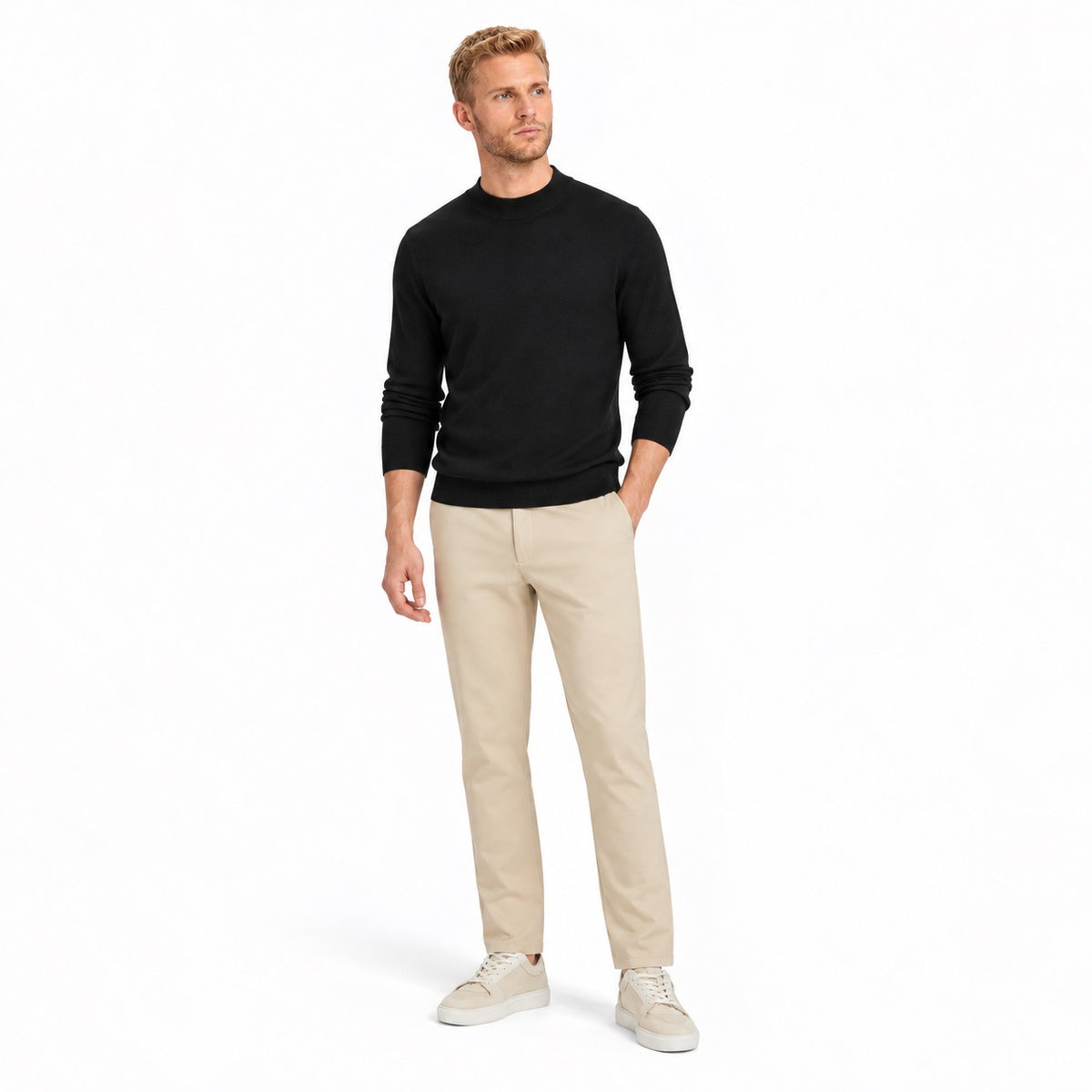 Men's fine-knit mock-neck jumper in Black - full-body view