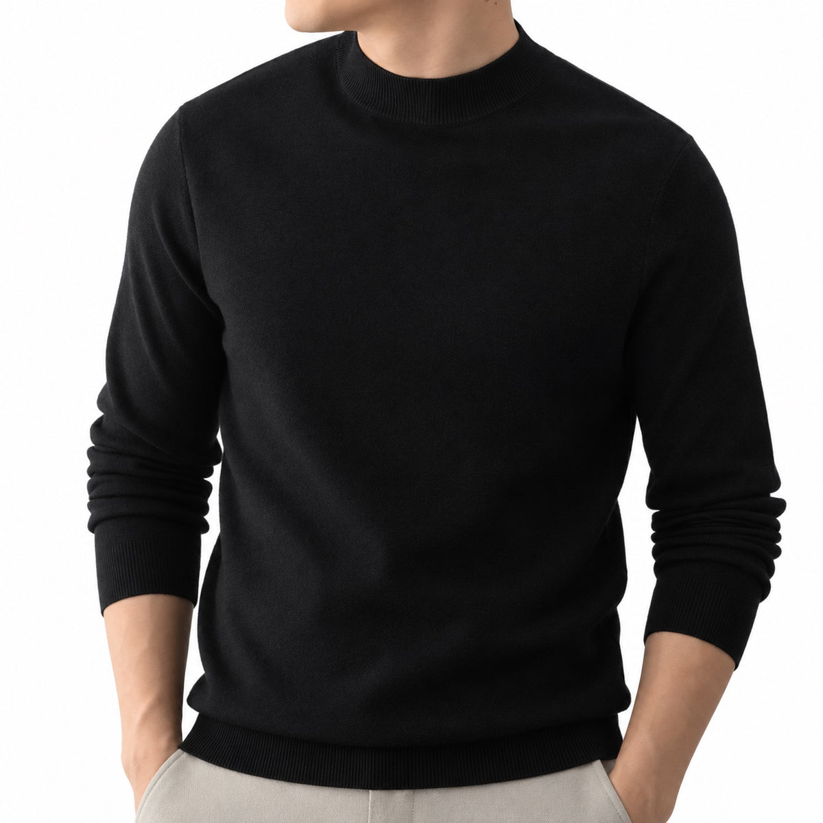 Men's fine-knit mock-neck jumper in Black - detail view