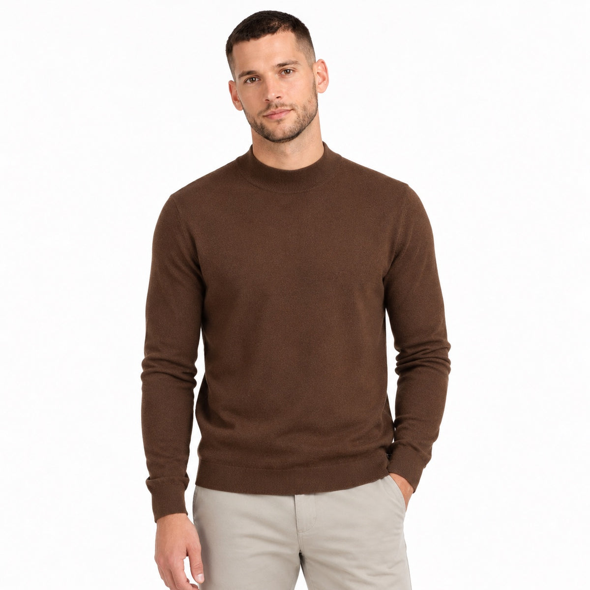 Men's fine-knit mock-neck jumper in Brown - front view