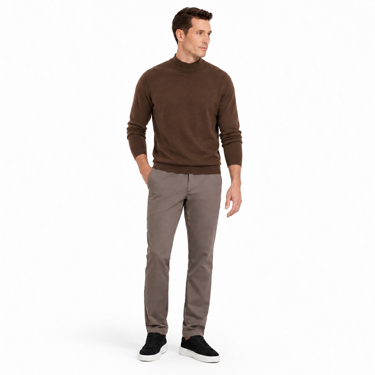 Men's fine-knit mock-neck jumper in Brown - full-body view