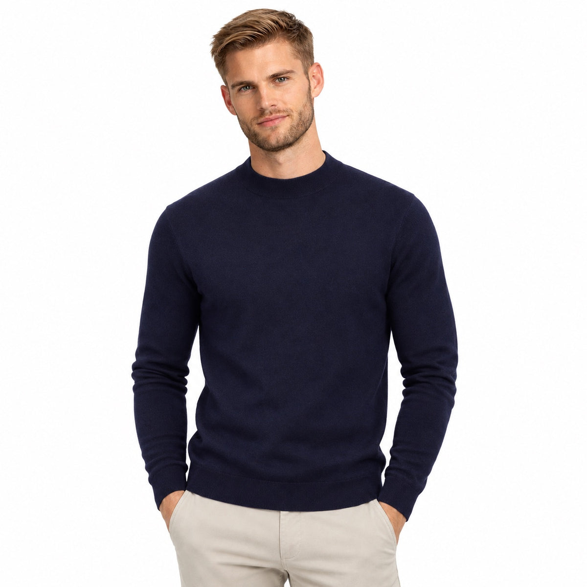 Men's fine-knit mock-neck jumper in Navy Blue - front view