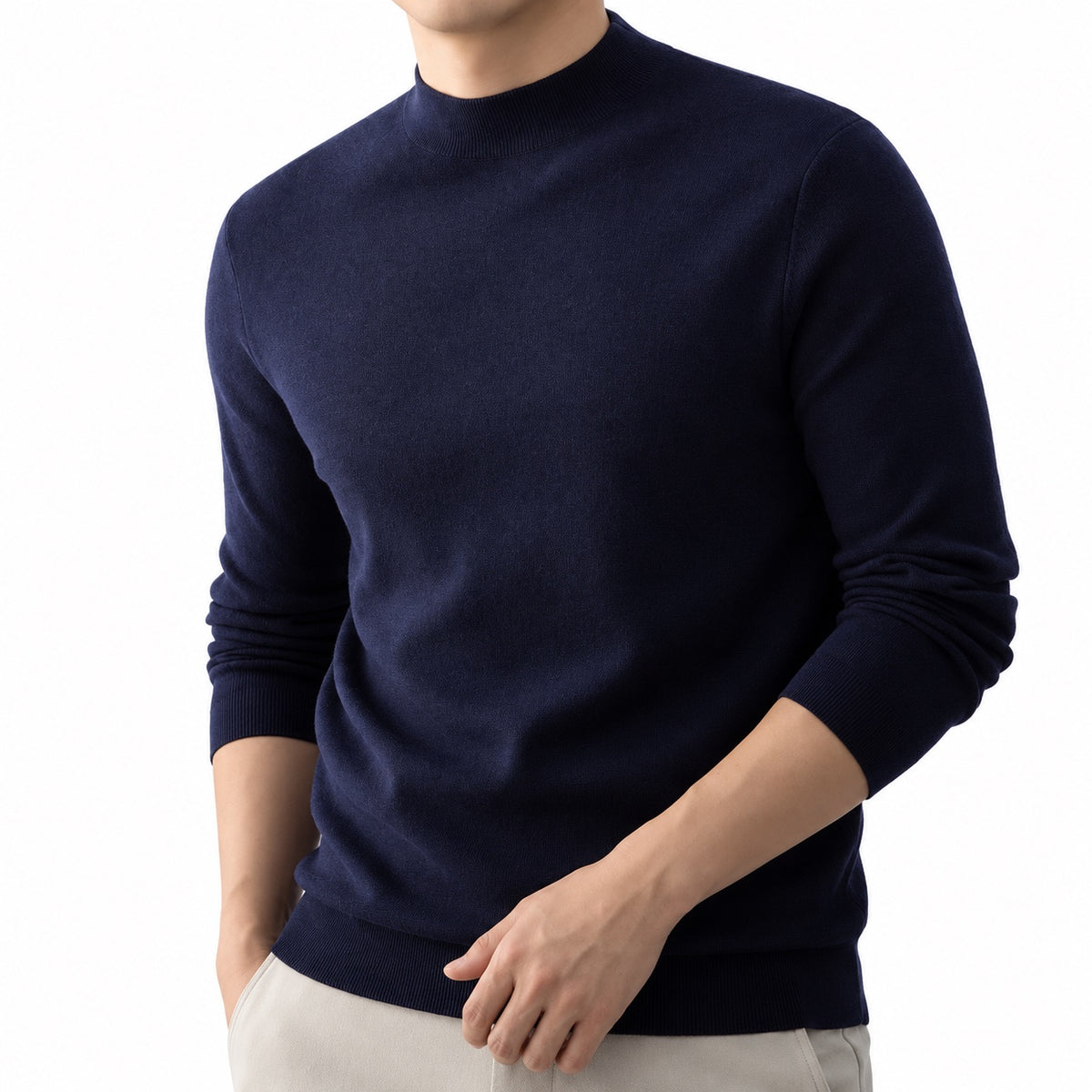 Men's fine-knit mock-neck jumper in Navy Blue - detail view