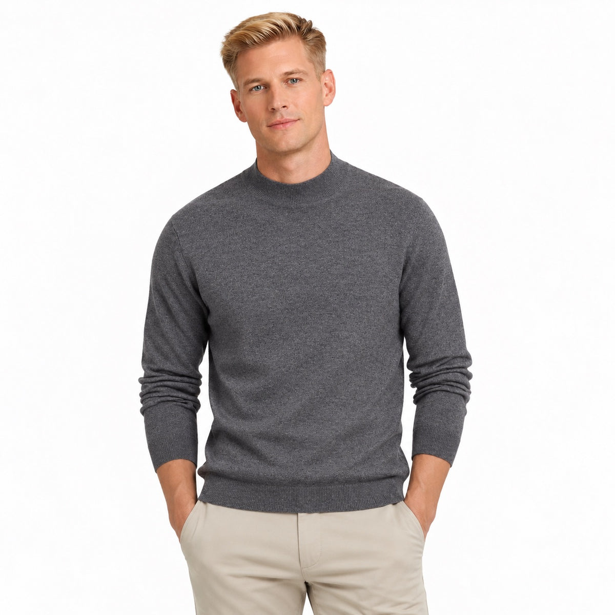 Men's fine-knit mock-neck jumper in Sky Grey - front view