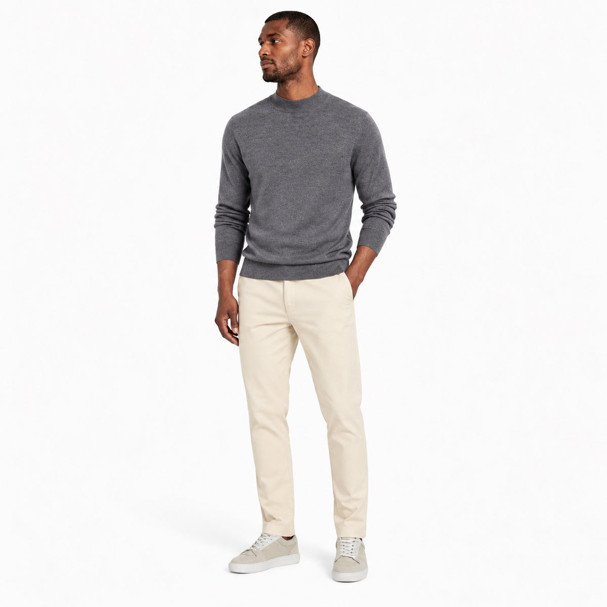 Men's fine-knit mock-neck jumper in Sky Grey - full-body view