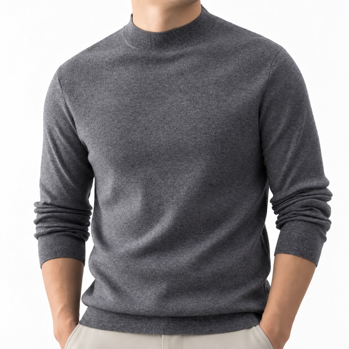 Men's fine-knit mock-neck jumper in Sky Grey - detail view