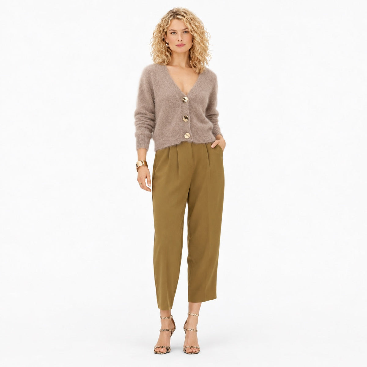 Women's Fuzzy Knit Cardigan V-Neck Button
