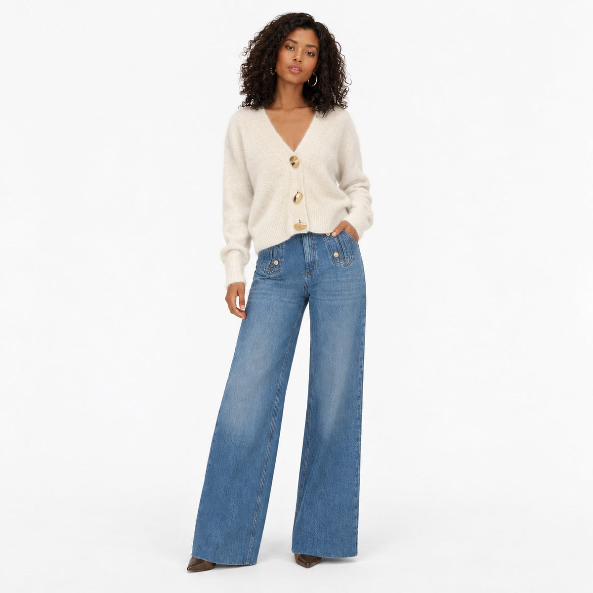 Women's Fuzzy Knit Cardigan V-Neck Button