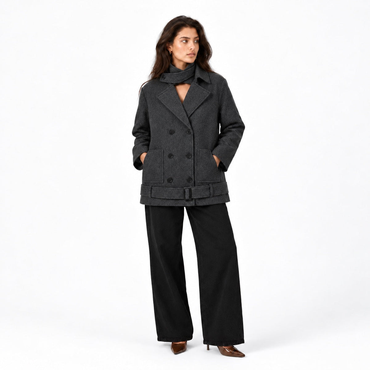 Women's Pea Coat  Double-Breasted Matching Scarf Relaxed Fit