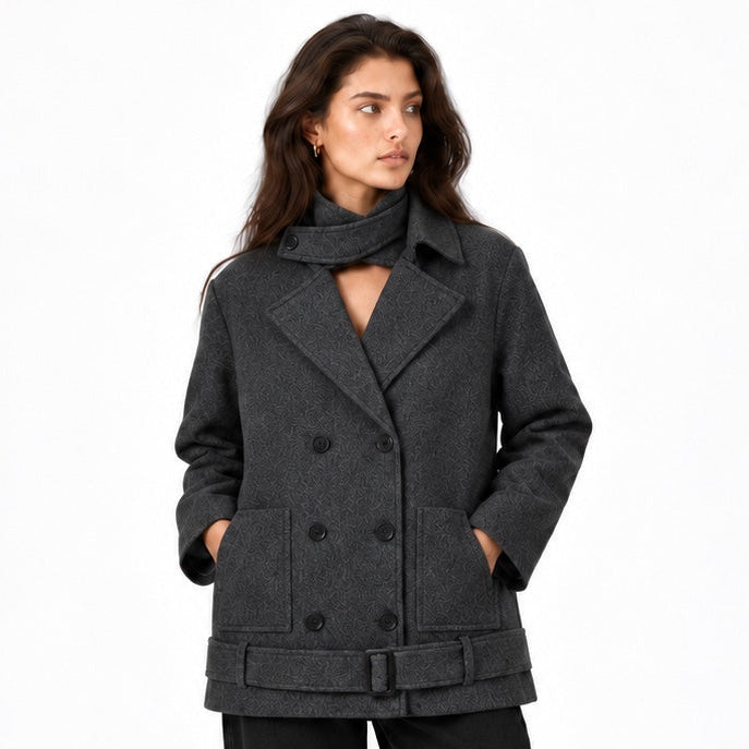 Women's Pea Coat  Double-Breasted Matching Scarf Relaxed Fit