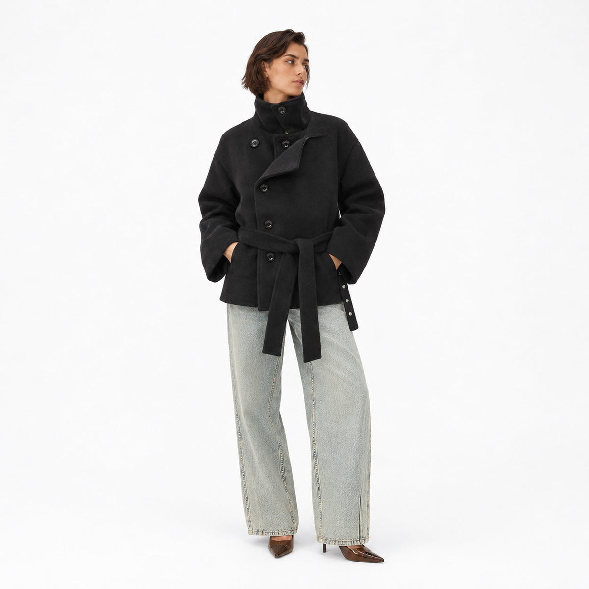 Women's Belted Pea Coat Asymmetric