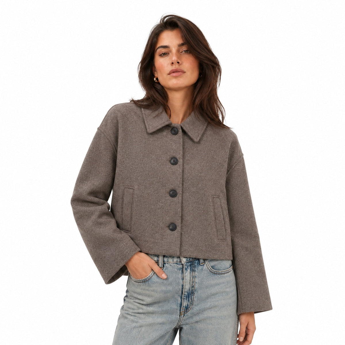 Women's cropped wool-look button jacket front view