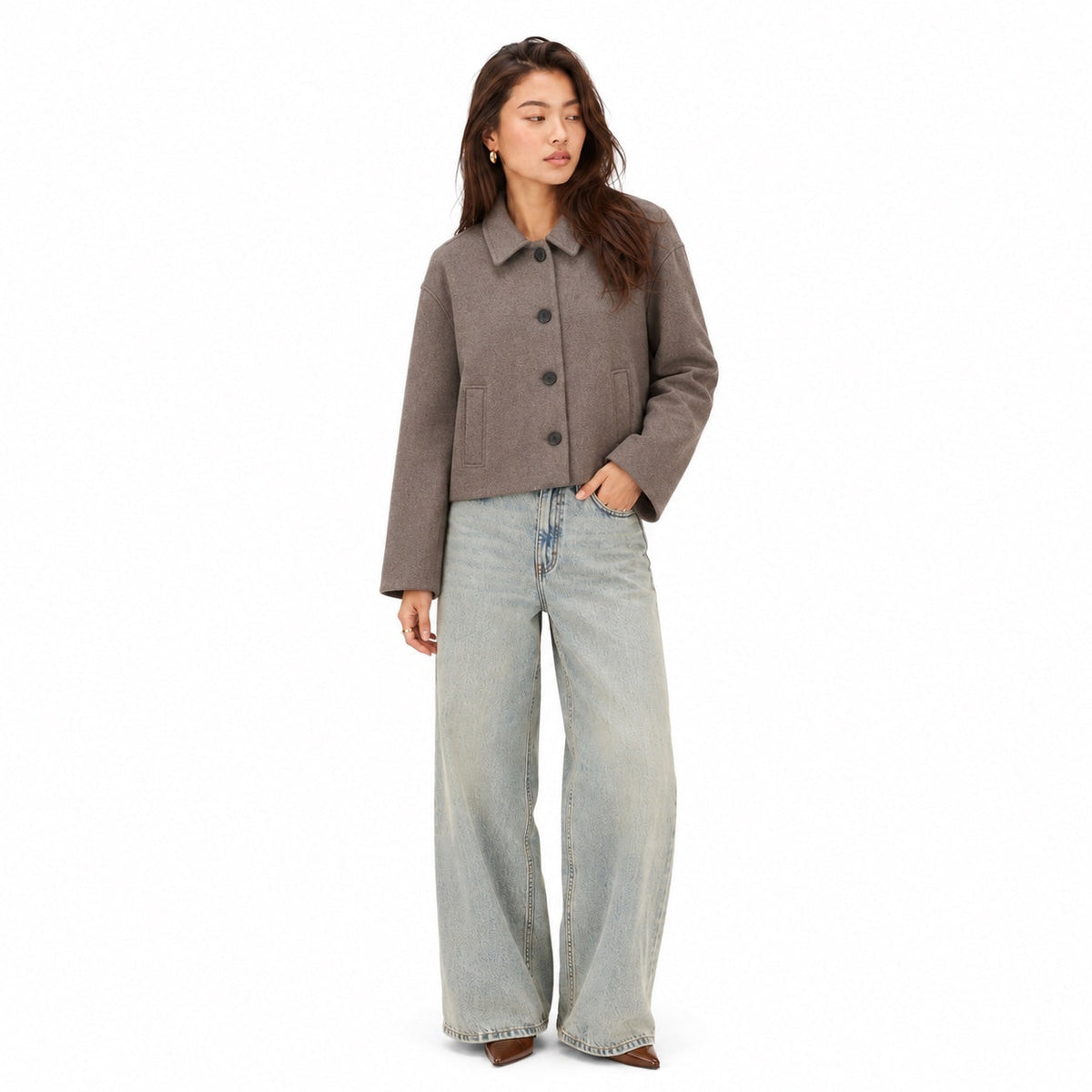 Women's cropped wool-look button jacket full front view