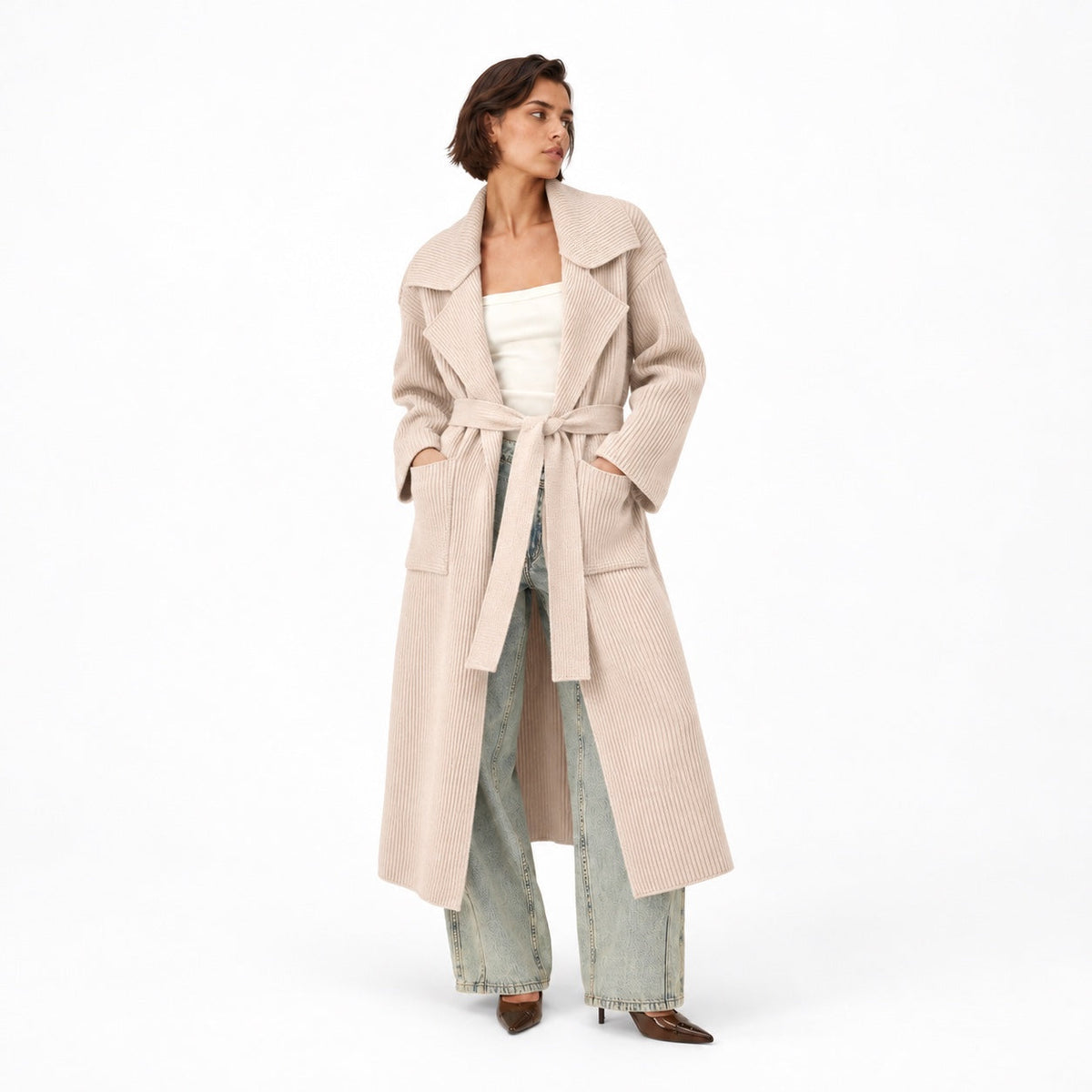 Women's ribbed knit belted longline coat front view