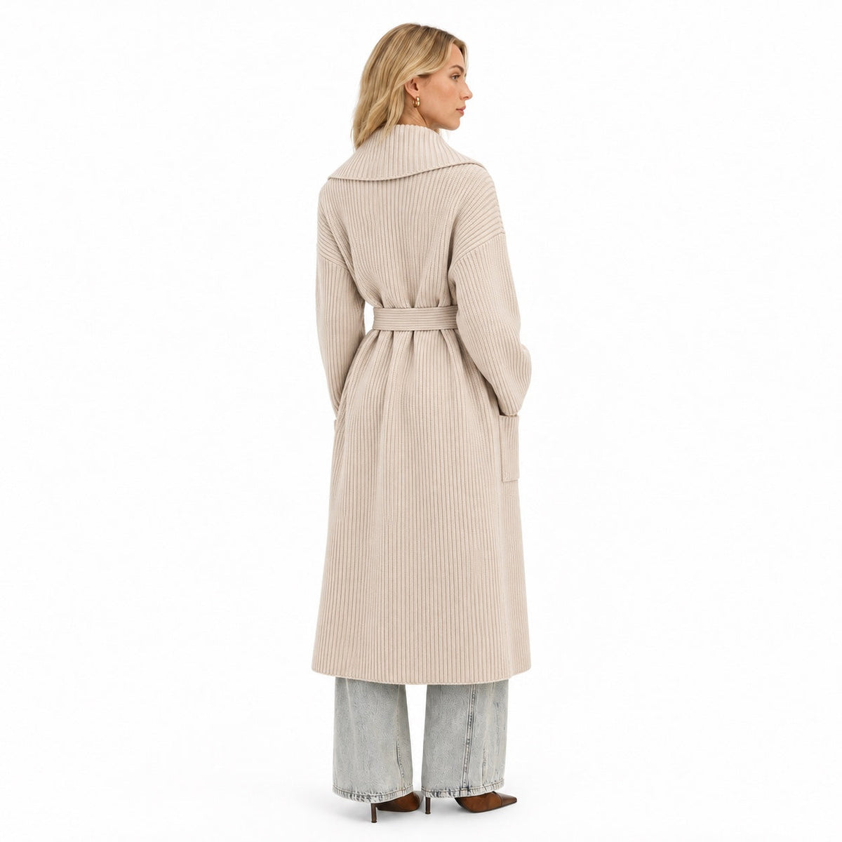 Women's ribbed knit belted longline coat back view