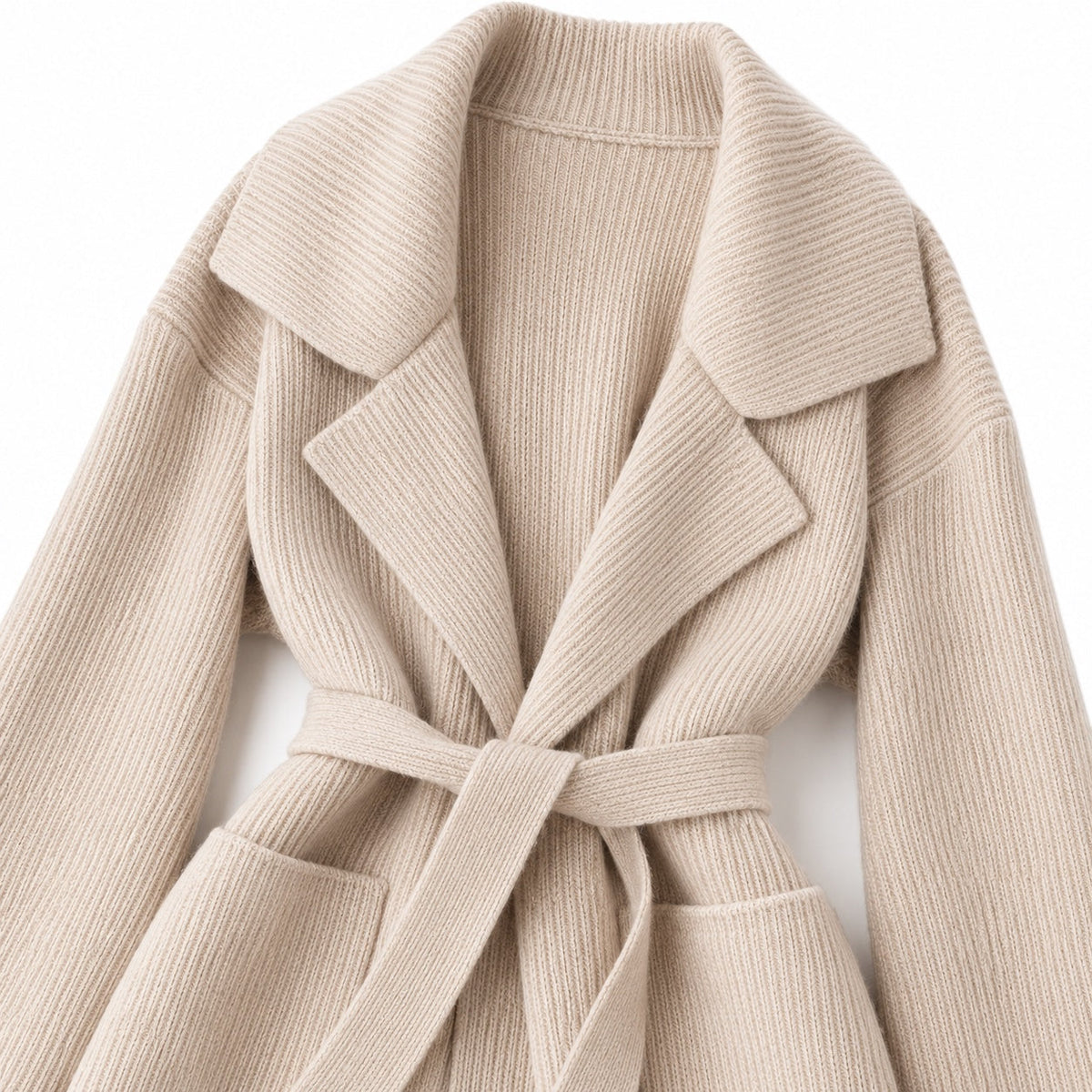 Women's ribbed knit belted longline coat detail