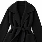 Women's ribbed knit belted longline coat detail