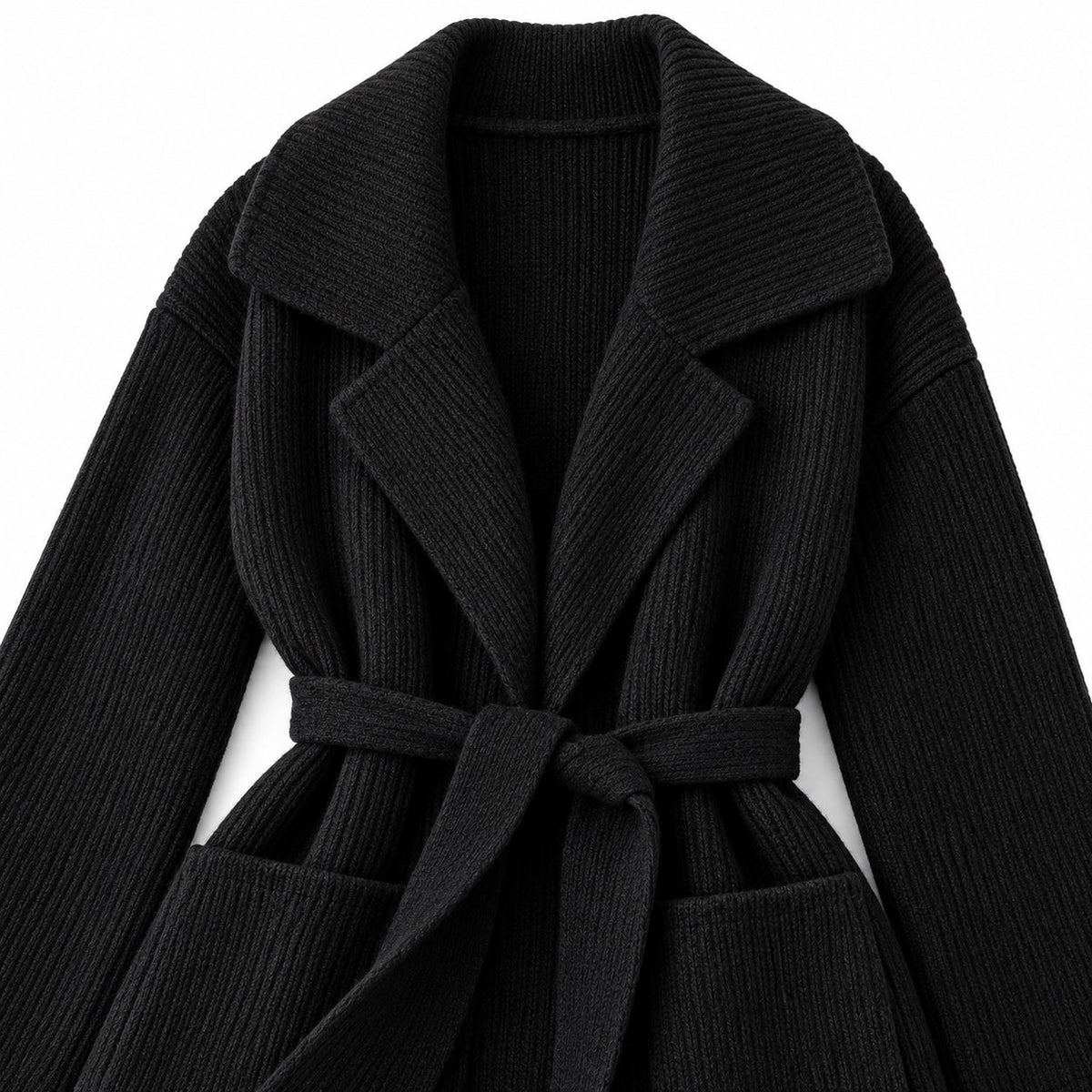 Women's ribbed knit belted longline coat detail