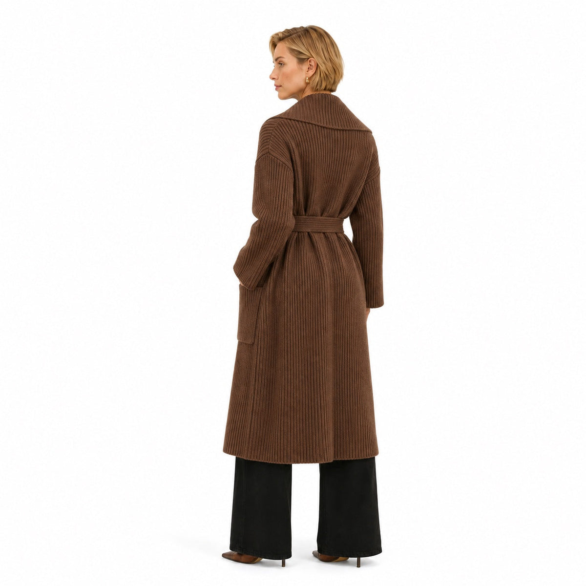 Women's ribbed knit belted longline coat back view