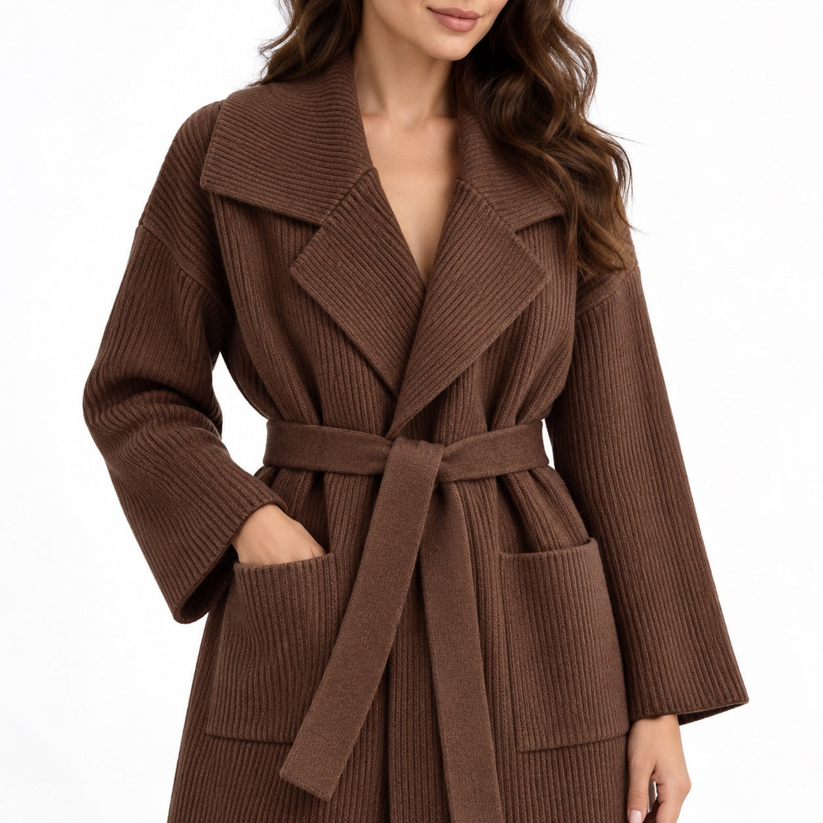 Women's ribbed knit belted longline coat detail
