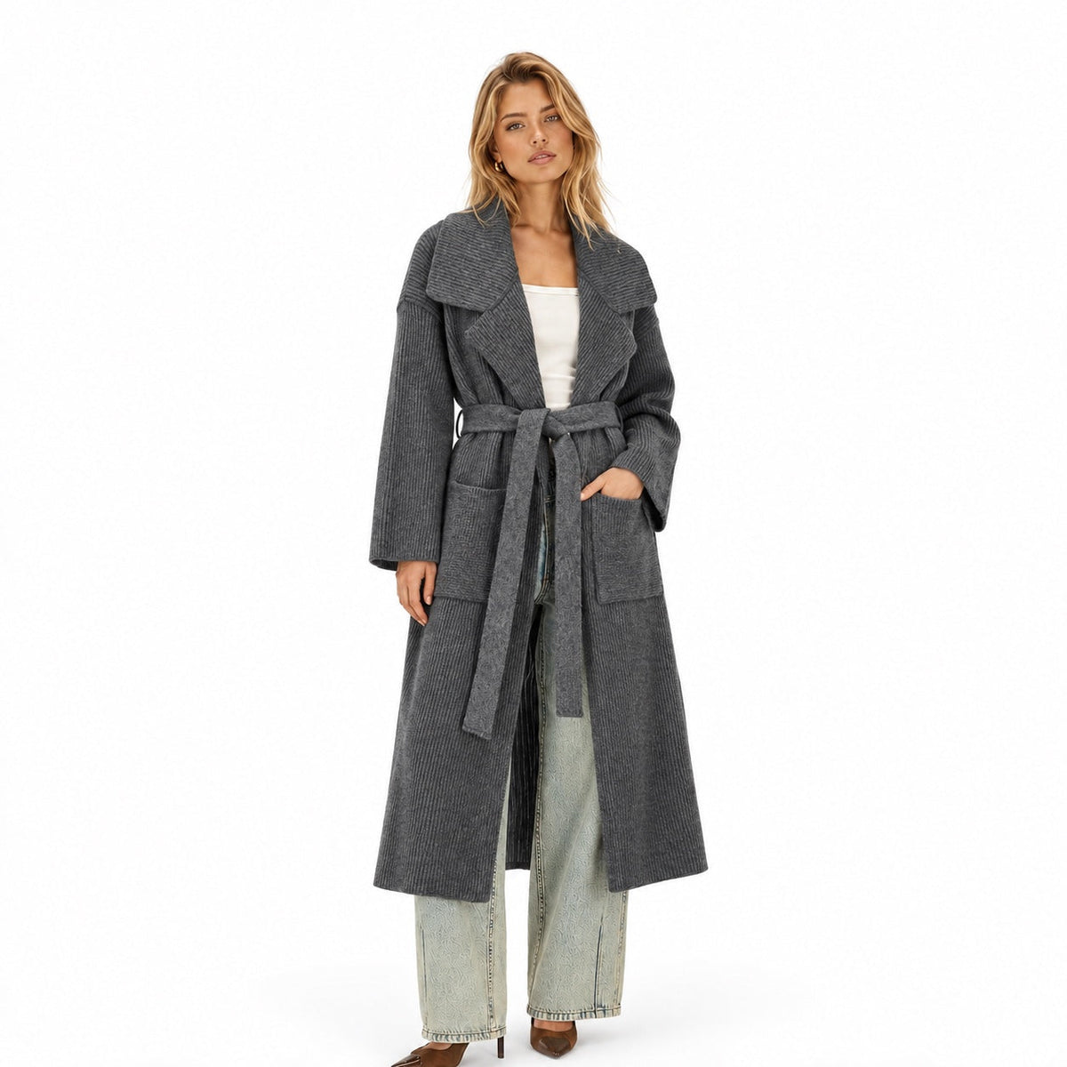 Women's ribbed knit belted longline coat front view