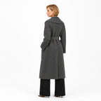 Women's ribbed knit belted longline coat back view