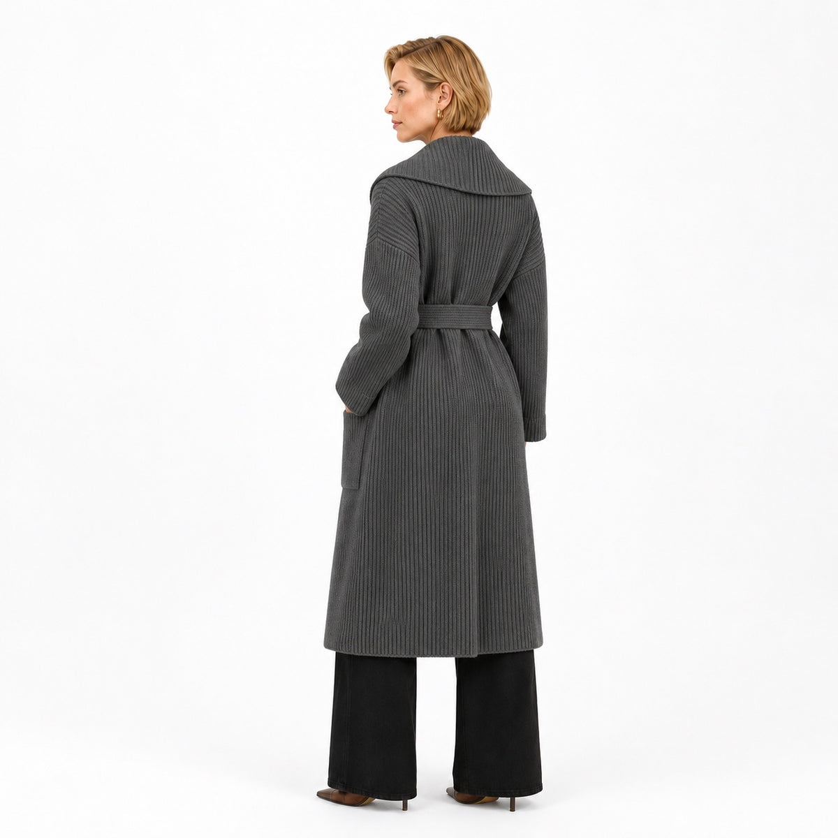 Women's ribbed knit belted longline coat back view