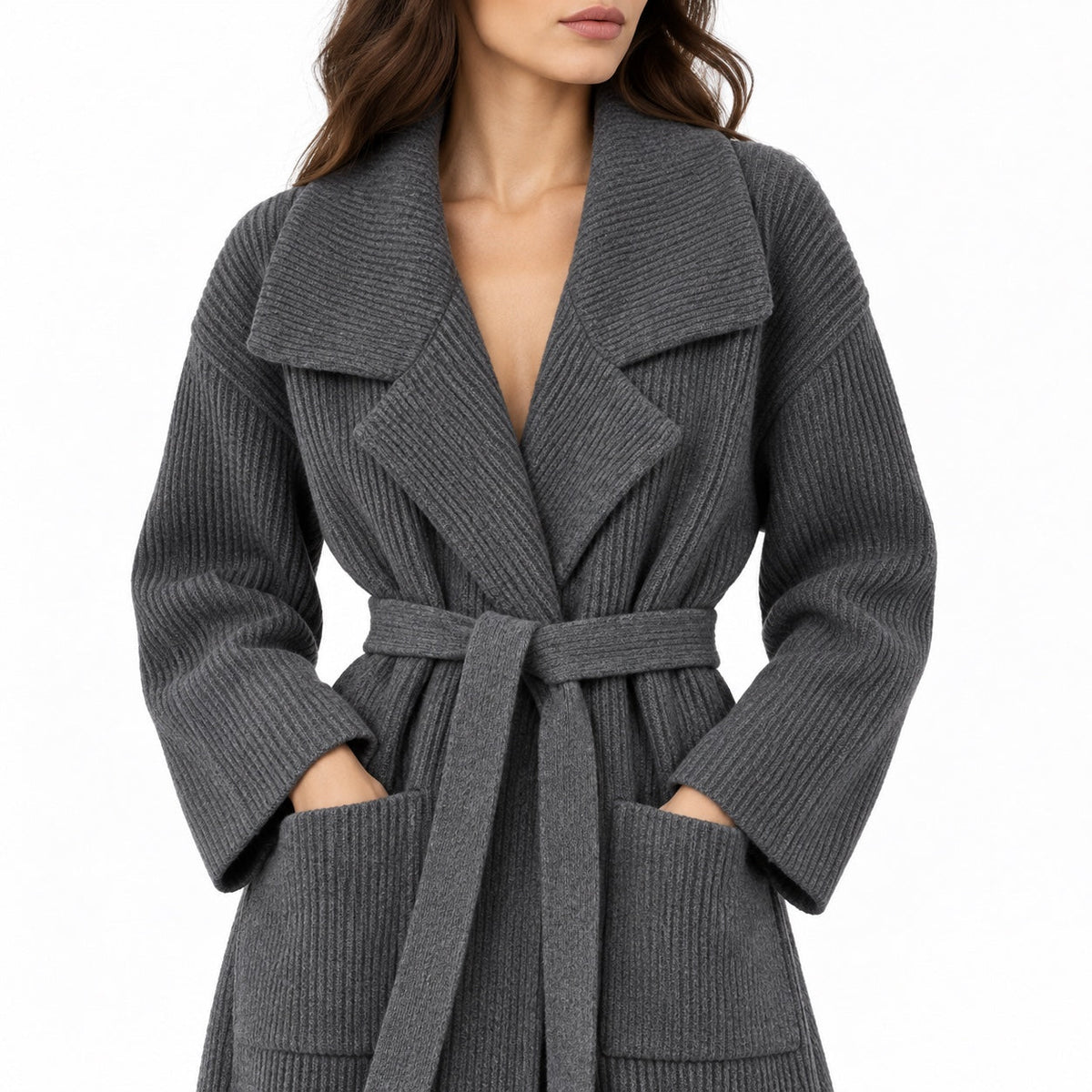 Women's ribbed knit belted longline coat detail