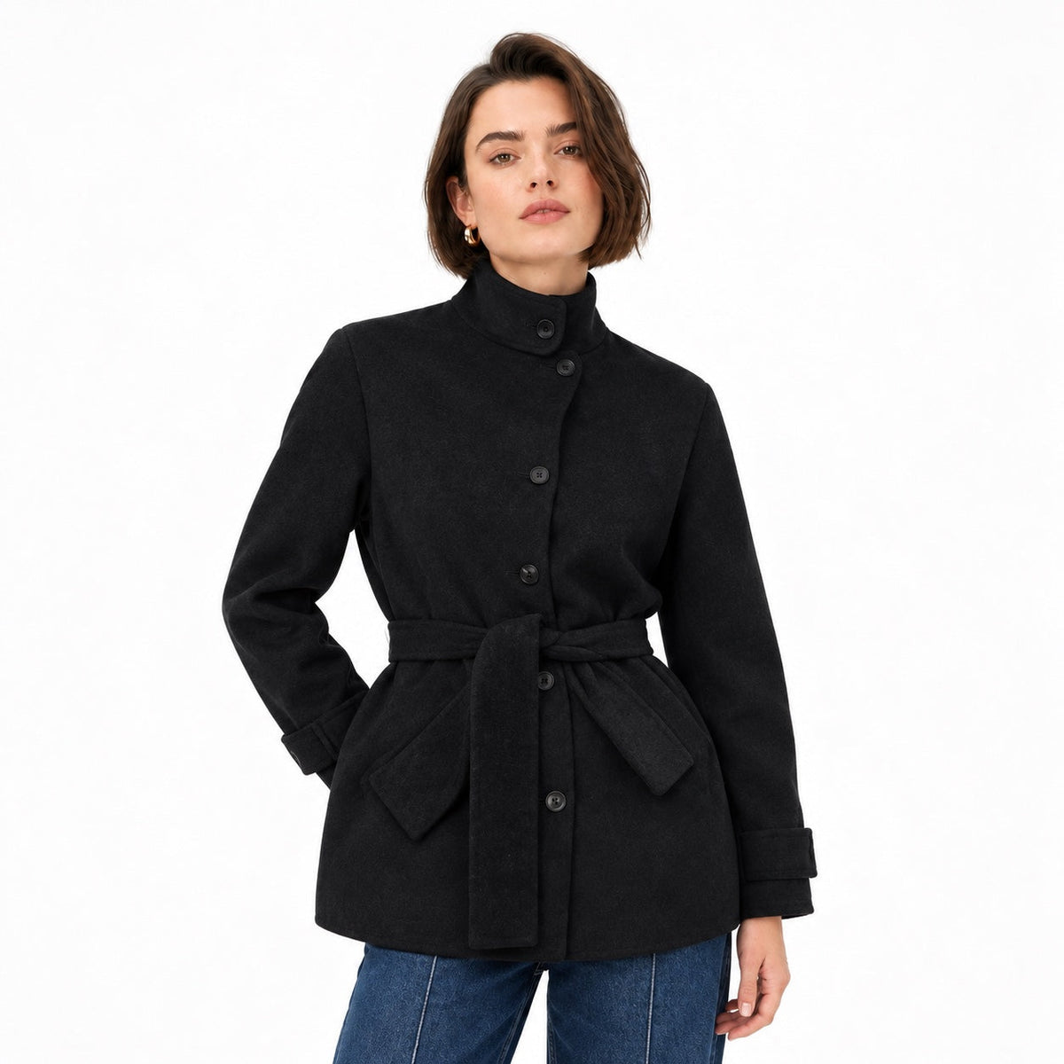 Women's high-collar belted button jacket front view