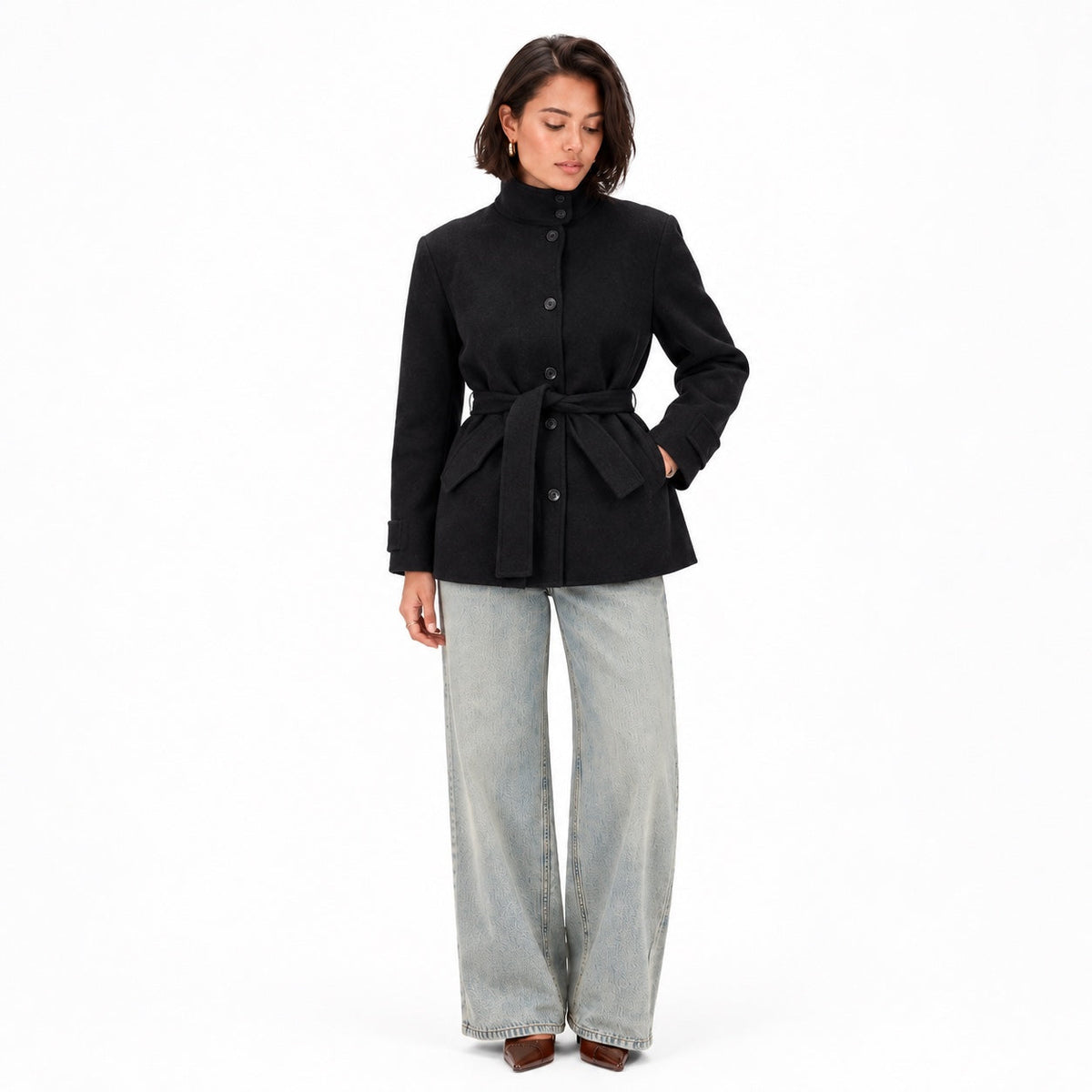 Women's high-collar belted button jacket full front view