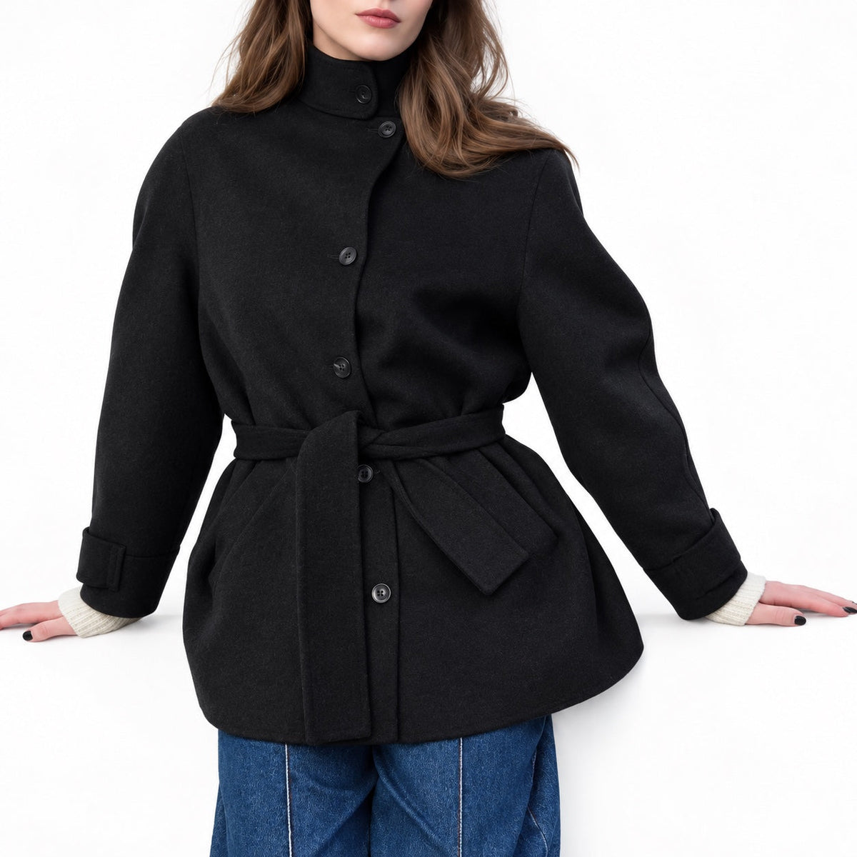 Women's high-collar belted button jacket detail