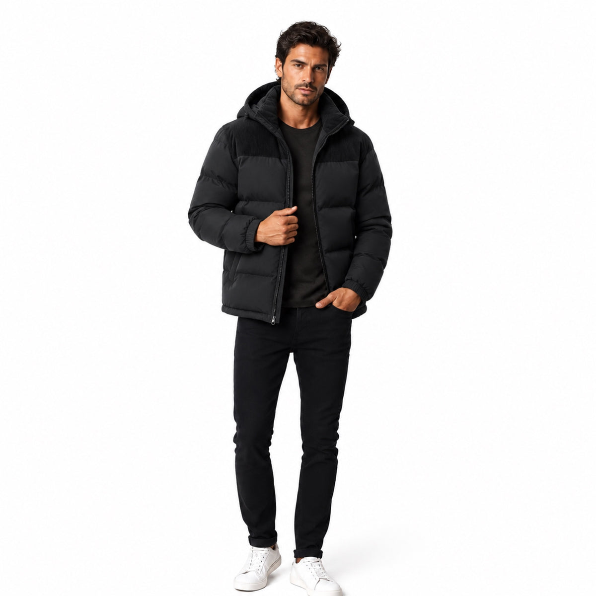 Men’s Hooded Puffer Jacket Corduroy Panel