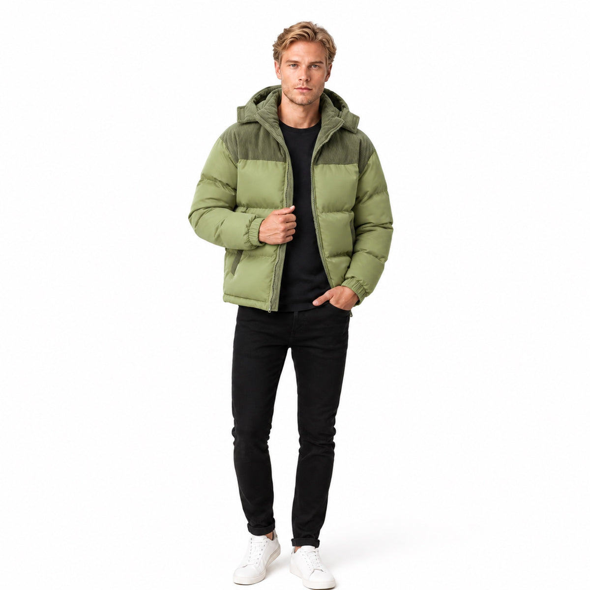 Men’s Hooded Puffer Jacket Corduroy Panel